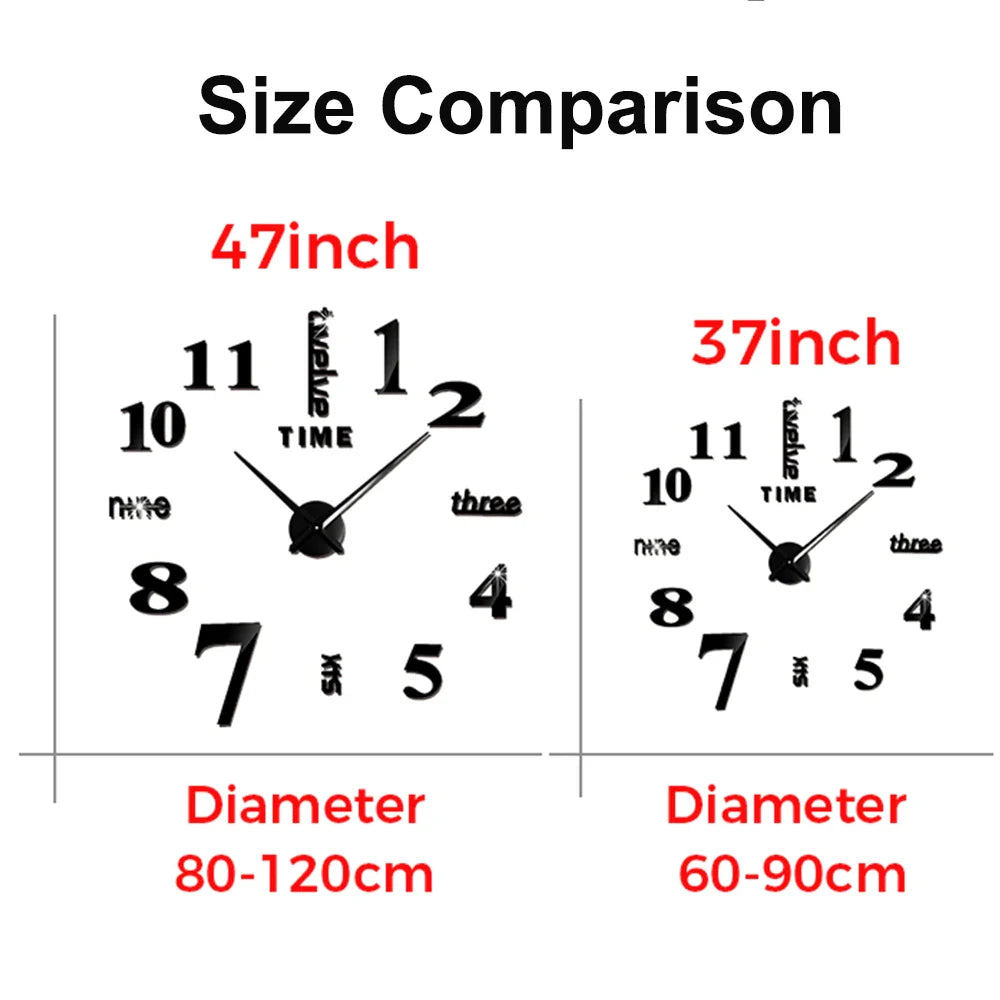 Big Wall Clock DIY 3D Self Adhesive Mirrored Acrylic Wall Clock For Kitchen Dining Room Living Room Creative Home Decor | Bowlift