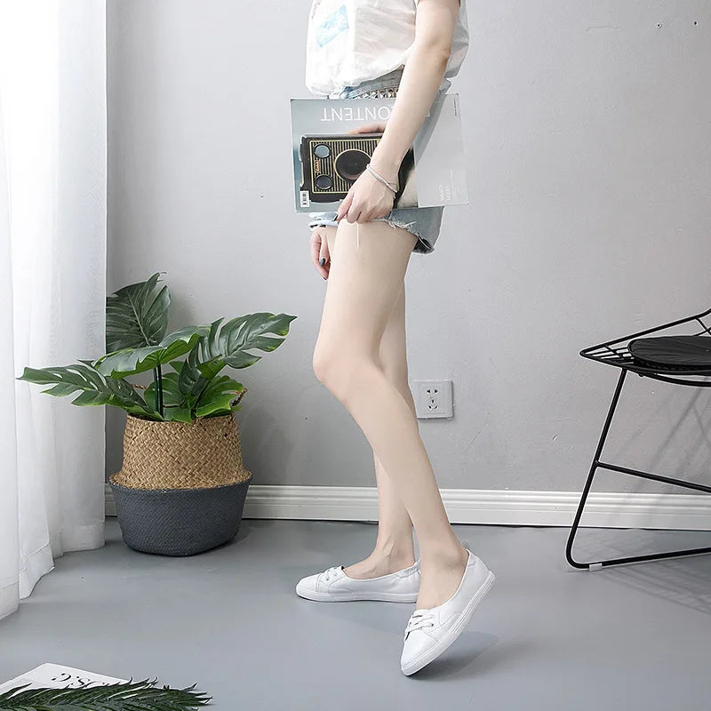 BowLift | 100% Genuine Leather Shoes Women Flat Casual Shoes Soft Cowhide White Flats