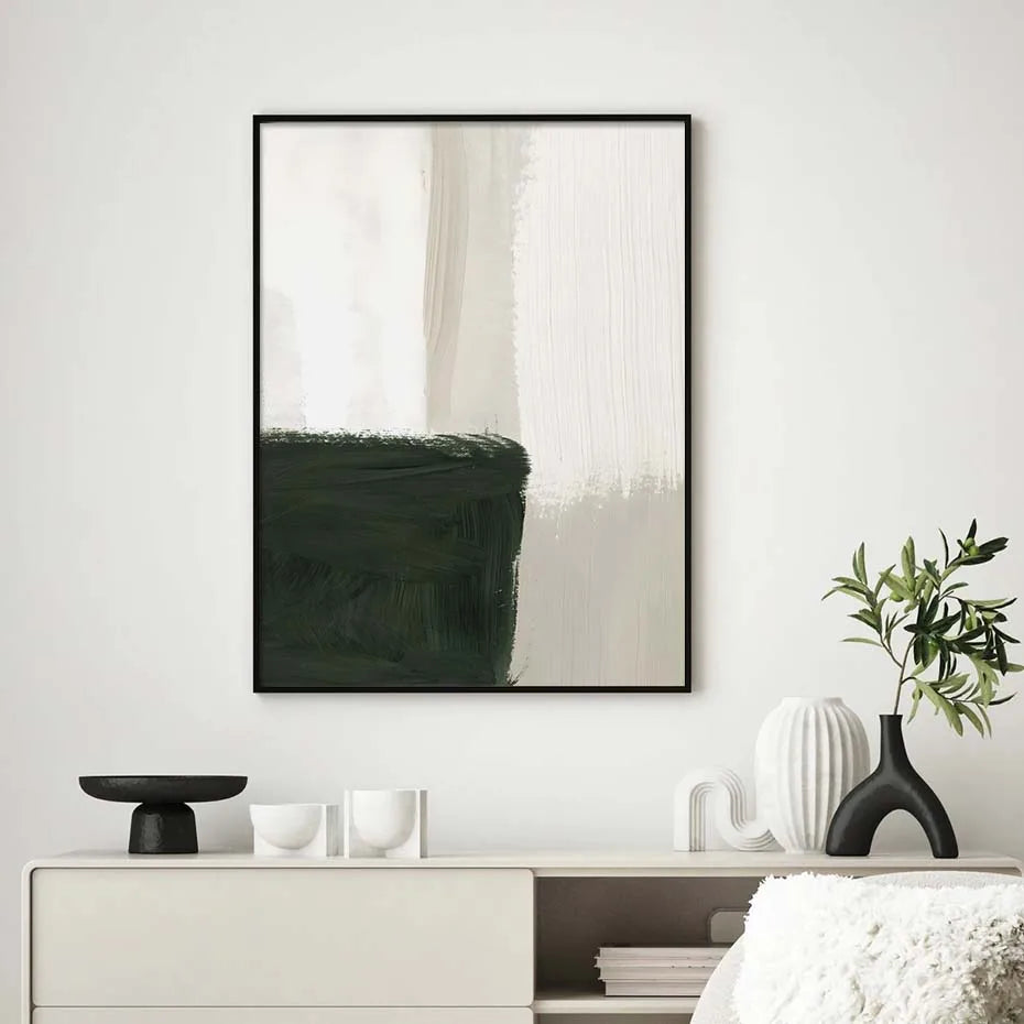 Modern Abstract Green Beige White Brushstroke Canvas Prints Nordic Wall Artwork For Contemporary Living Room Home Decor Artwork | Bowlift