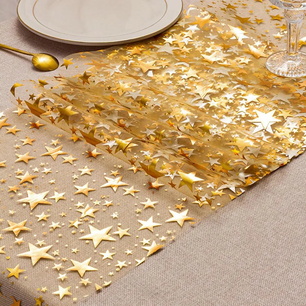 BowLift | Sparkling Table Runner "StellaLuxe" | Gold, Rose Gold or Silver | Metallic Shimmering Mesh Runner with Star Pattern | For Parties & Dinner Decoration