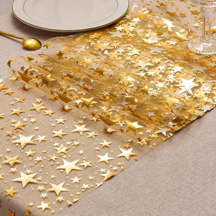 BowLift | Sparkling Table Runner "StellaLuxe" | Gold, Rose Gold or Silver | Metallic Shimmering Mesh Runner with Star Pattern | For Parties & Dinner Decoration