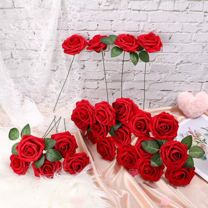 BowLift | Realistic Red Artificial Roses with Stems (Pack of 25/10)