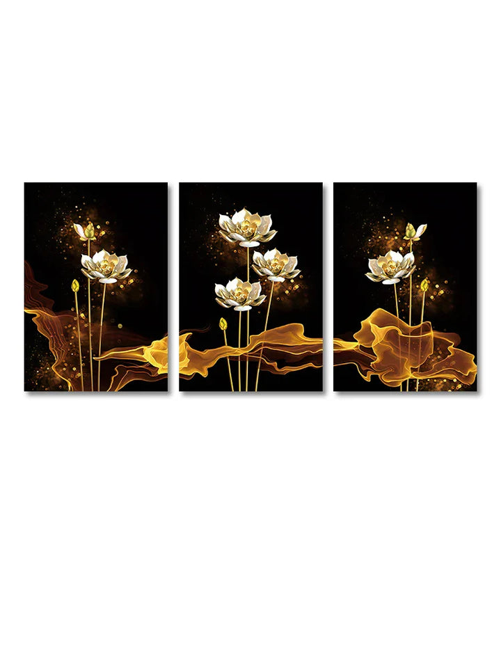 Set of 3PCs White Golden Lotus Exotic Floral Wall Art Fine Art Canvas Prints Exotic Botanic Pictures For Luxury Living Room Dining Room Bedroom Art Decor | Bowlift