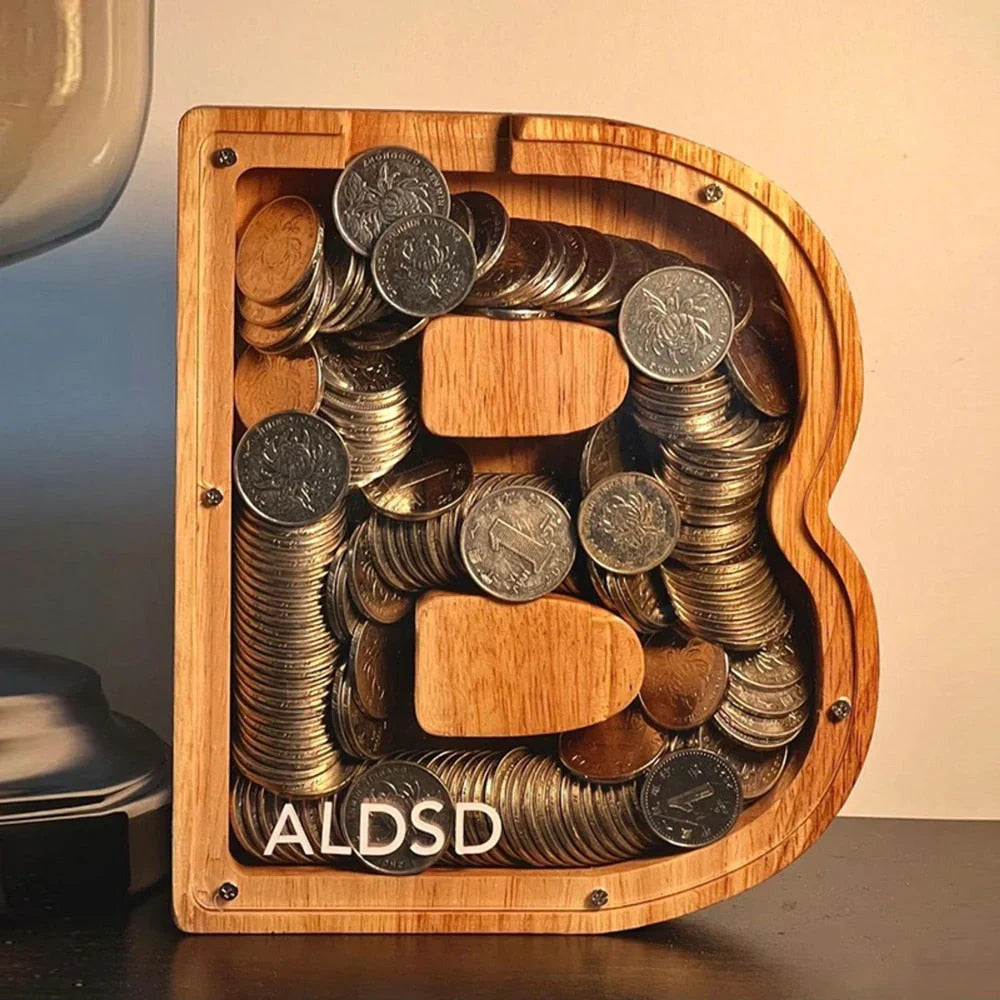 BowLift | Wooden Alphabet Piggy Bank with Transparent Viewing Window for Stylish Saving
