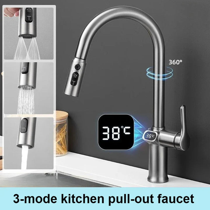 BowLift | Pull-out Kitchen Faucet with Digital Display and Swivel Spout