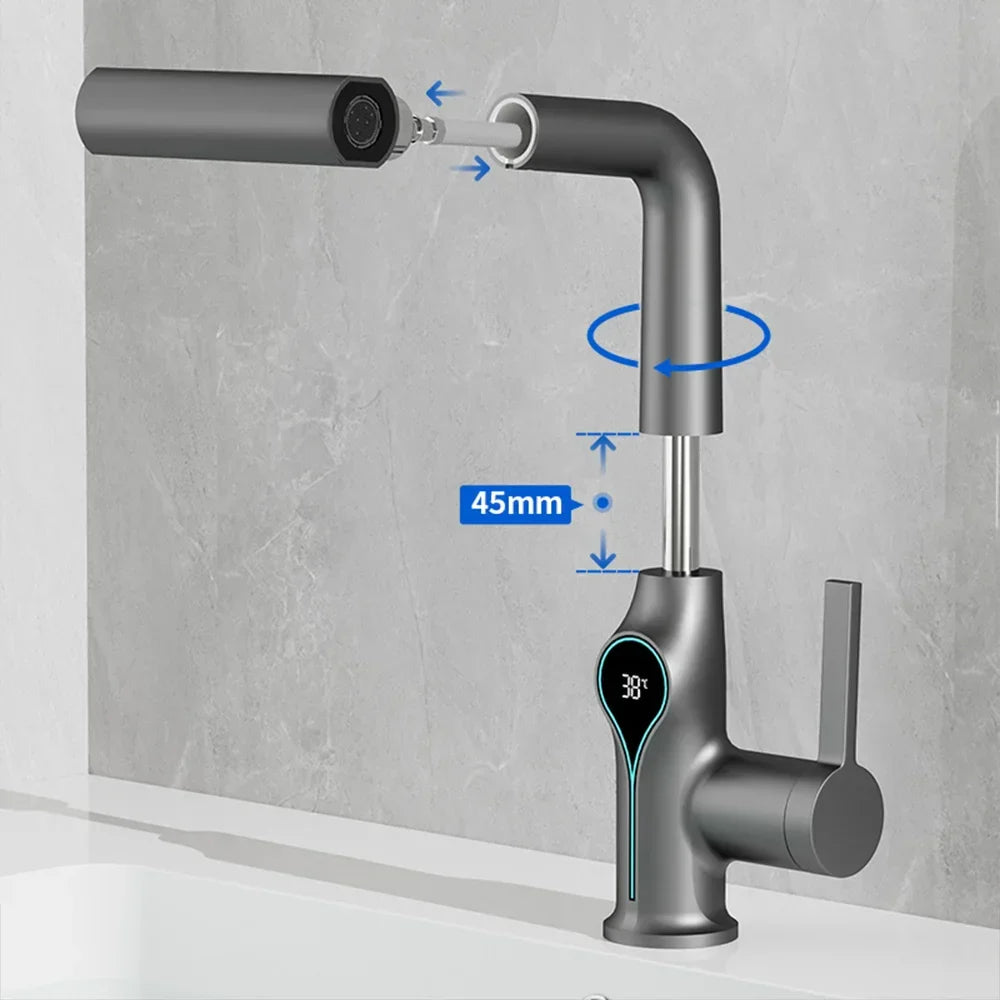 BowLift | Washbasin faucet with waterfall jet digital temperature display and adjustable spray head
