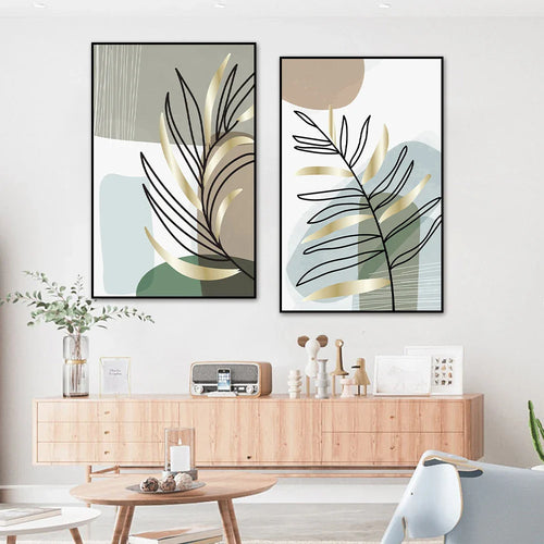 Set of 2PCS Botanical Abstract Line Art Leaves Wall Art Fine Art Canvas Prints Simple Nordic Pictures For Living Room Decor | Bowlift