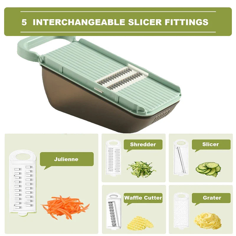 BowLift | SchnippelMeister Vegetable Cutter 5-in-1 | Multi Cutter with Collection Container | Grater, Slicer & Dicer | BPA-free & Dishwasher Safe | 27×11×10 cm