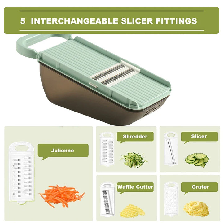 BowLift | SchnippelMeister Vegetable Cutter 5-in-1 | Multi Cutter with Collection Container | Grater, Slicer & Dicer | BPA-free & Dishwasher Safe | 27×11×10 cm