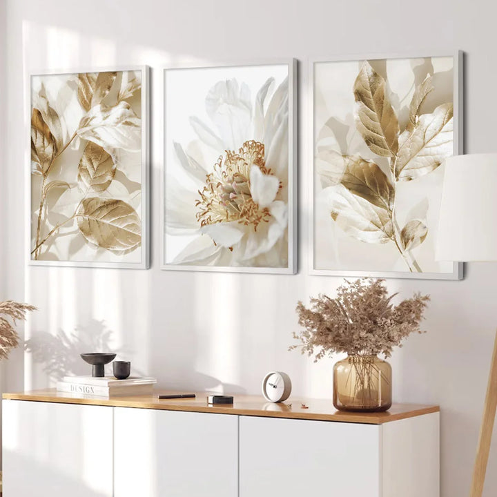 Modern White & Golden Floral Wall Art Fine Art Canvas Prints Pictures For Living Room Dining Room Bedroom Art Decor (Set of 3Pcs) | Bowlift