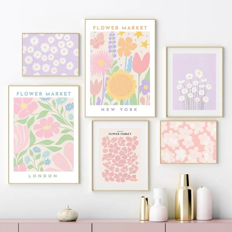 Pink Lavender Daisy Flower Market Posters Wall Art Fine Art Canvas Prints Pastel Floral Pictures For Living Room Bedroom Art Decor | Bowlift