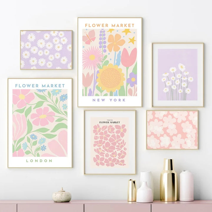 Pink Lavender Daisy Flower Market Posters Wall Art Fine Art Canvas Prints Pastel Floral Pictures For Living Room Bedroom Art Decor | Bowlift