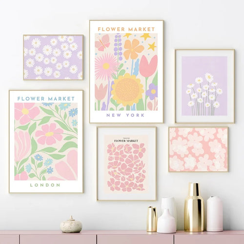 Pink Lavender Daisy Flower Market Posters Wall Art Fine Art Canvas Prints Pastel Floral Pictures For Living Room Bedroom Art Decor | Bowlift
