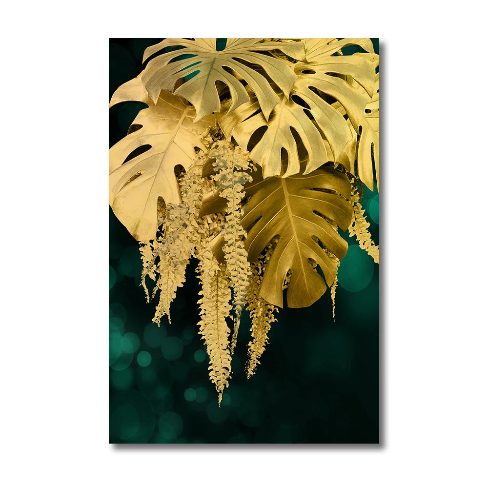 Set of 3Pcs Golden Leaf Wall Art Minimalist Nordic Tropical Plants Fine Art Canvas Prints Pictures For Living Room Dining Room Art Decor | Bowlift