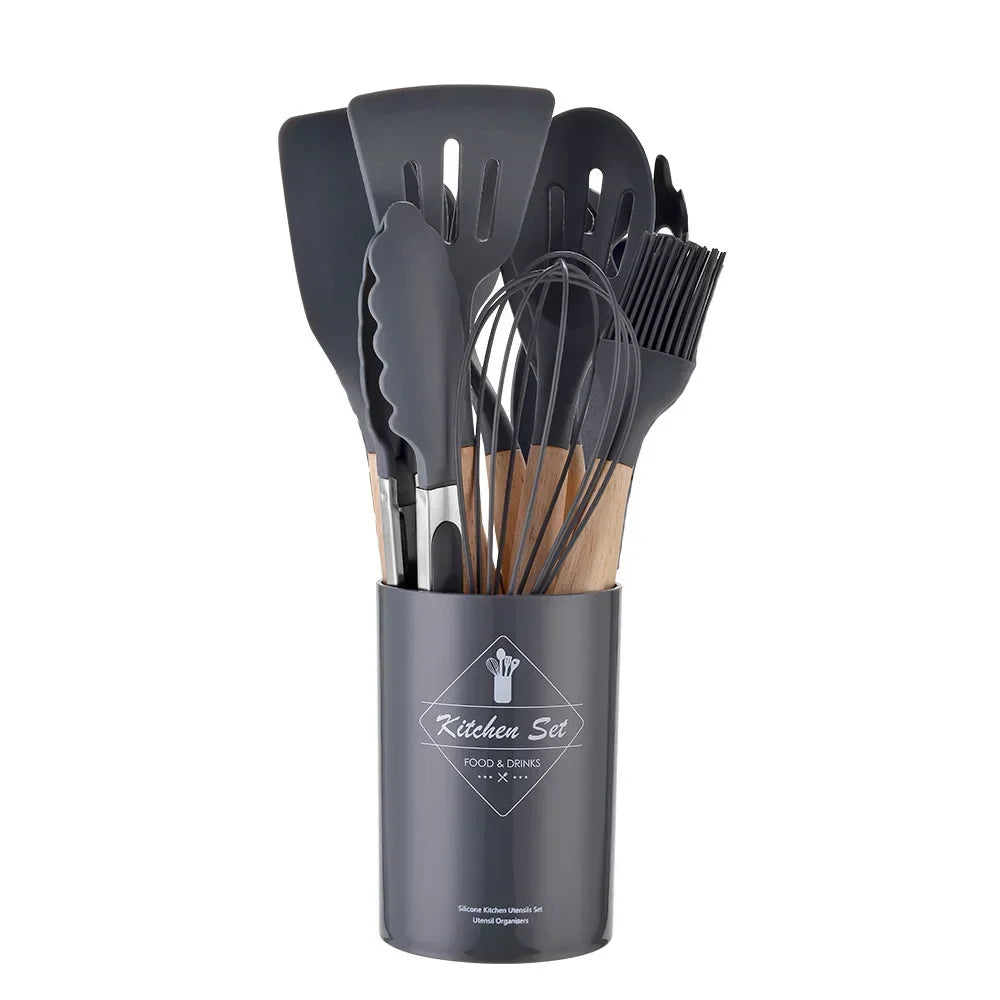 12-piece silicone cooking utensils set with wooden handles | Bowlift