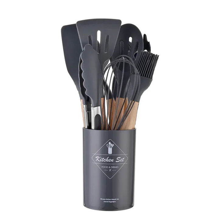 12-piece silicone cooking utensils set with wooden handles | Bowlift