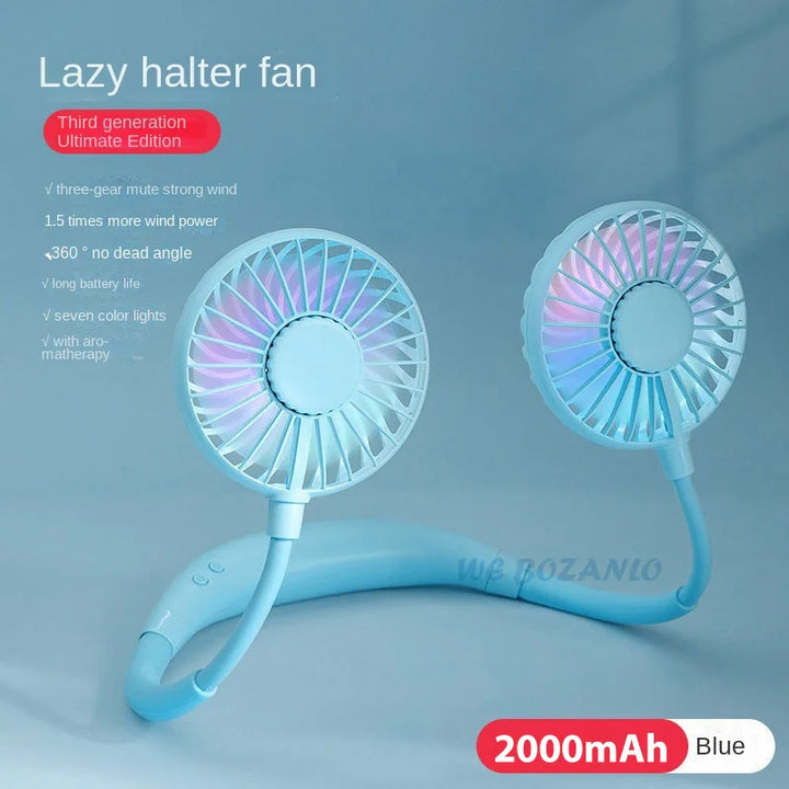 USB Portable Hands-Free Neck Fan - Rechargeable Mini Sports Fan, 3-Speed Adjustable Dual Fan for Home Office & Outdoor Use | Bowlift