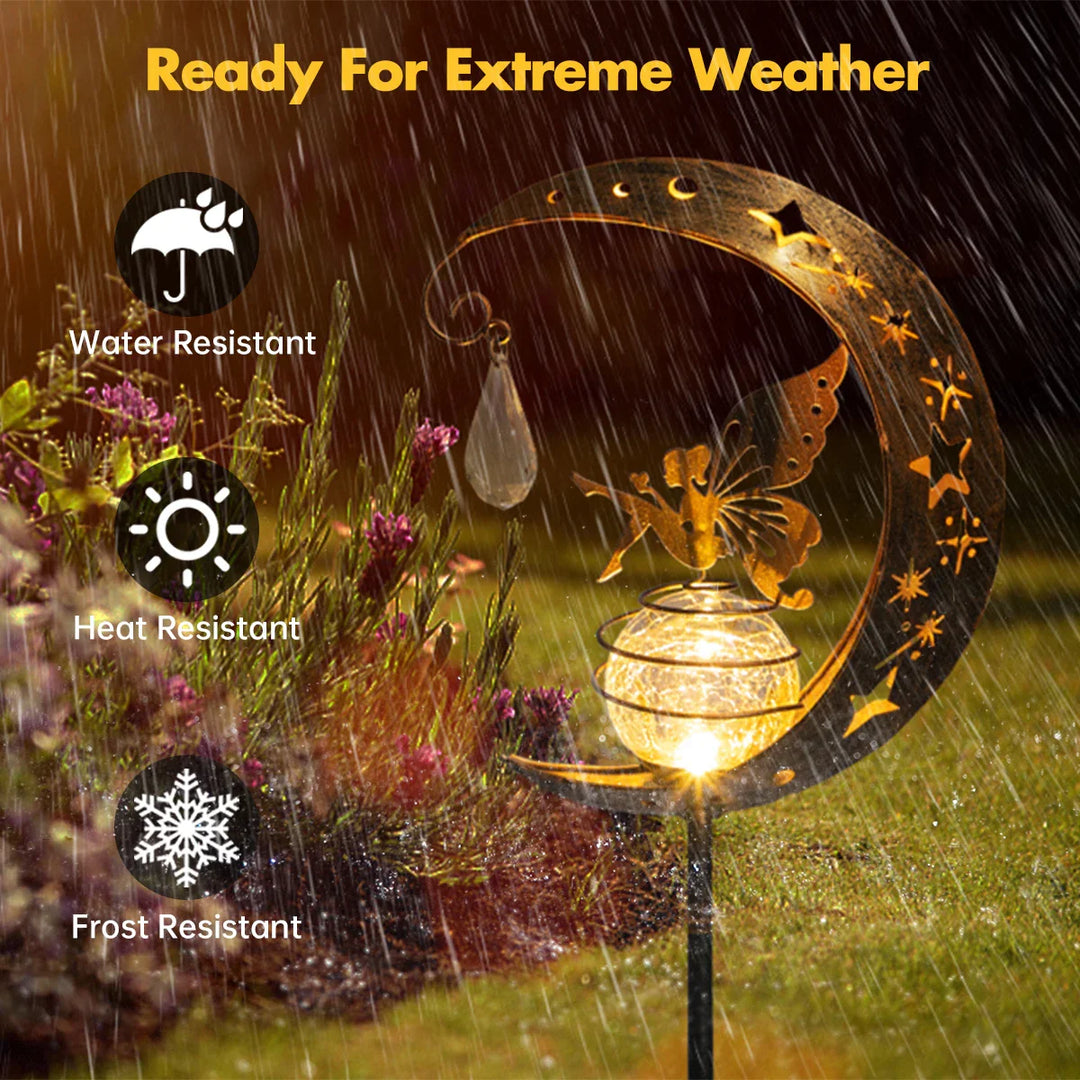 BowLift | Lunafeya Solar Garden Light with Moon & Fairy | Crackle Glass Ball | IP55 Waterproof | Romantic Decor for Path & Bed