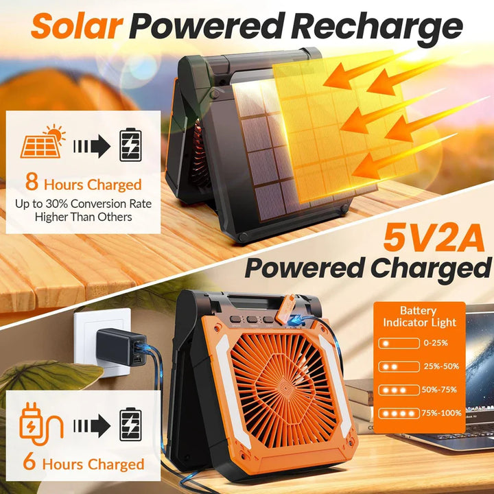 20000mAh Portable Electric Fan with LED Light — USB, Solar & Car Charging for Camping | Bowlift