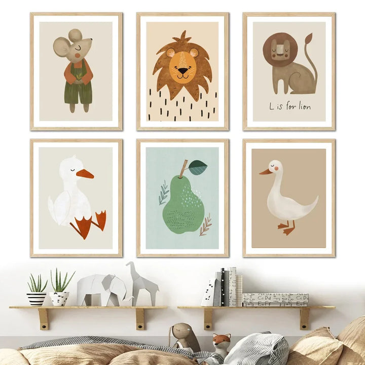 Cute Baby Animals Nursery Wall Art Illustrations Fine Art Canvas Prints Geese Mouse Lion Polar Bear Poster Pictures For Baby's Room Wall Decor | Bowlift
