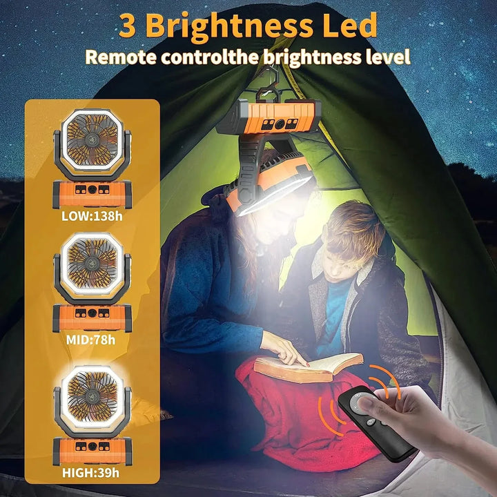 20000mAh Portable Rechargeable Fan — Battery-Operated Desk & Camping Fan with LED Light & Hook for Tent, Car, and Outdoor Trips | Bowlift