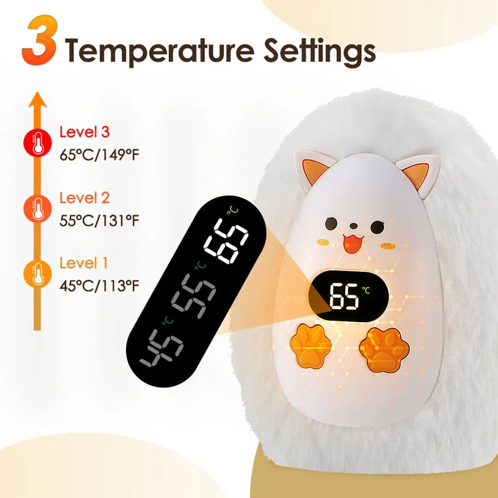 BowLift | Furrio Electric Hand Warmer Fox | Rechargeable 1200 mAh | 3 Heat Levels & Digital Display | Plush Surface | USB Type-C | Portable for Winter & Office