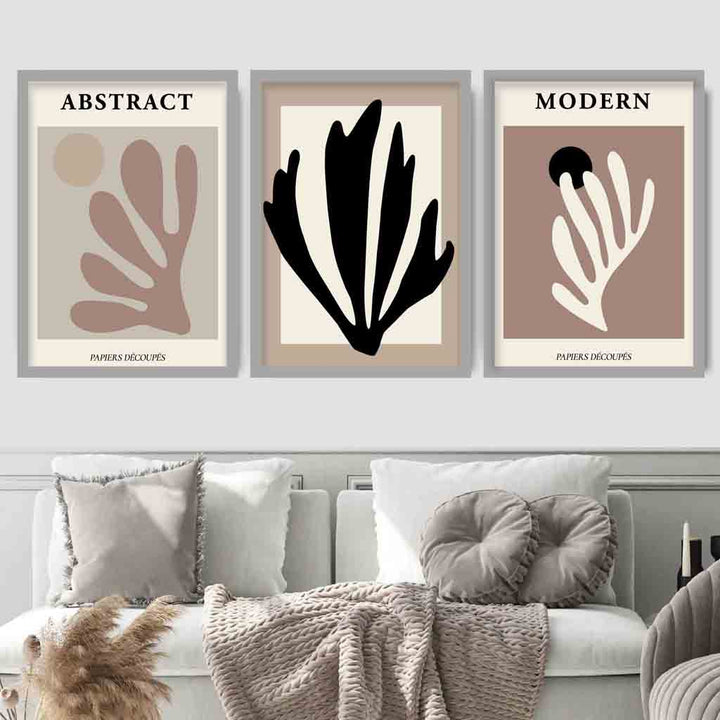Abstract Modern Matisse Style Black, Beige Set of 3 Wall Art Prints | Bowlift
