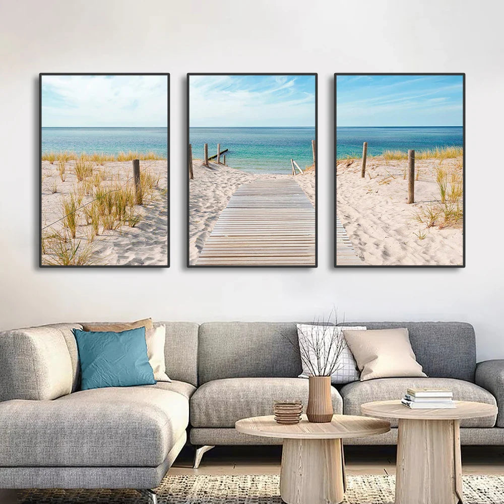 Set of 3PCS Blue Sea Sandy Beach Wall Art Fine Art Canvas Prints Inspirational Seascape Pictures Of Calm For Living Room | Bowlift