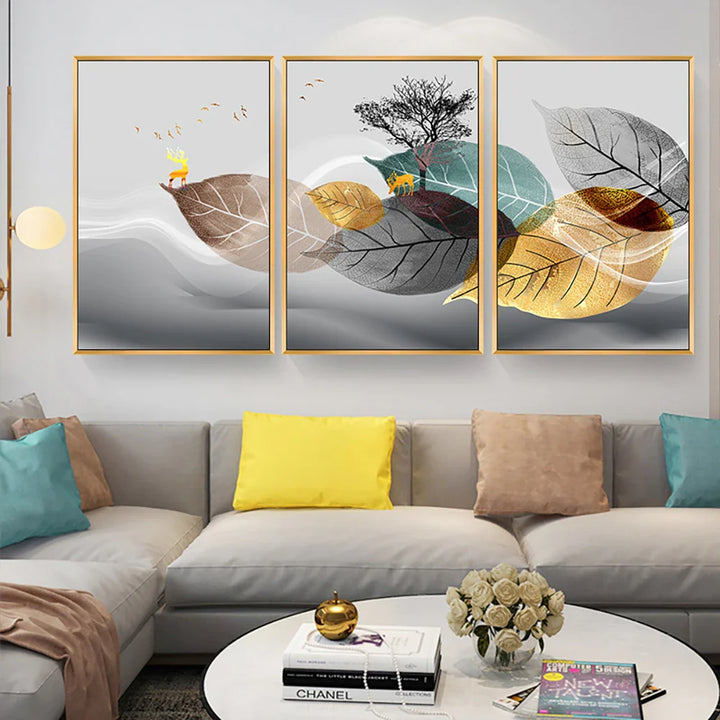 Set of 3PCS Golden Autumn Deer Wall Art Fine Art Canvas Prints Nordic Abstract Landscape Pictures For Living Room Decor | Bowlift