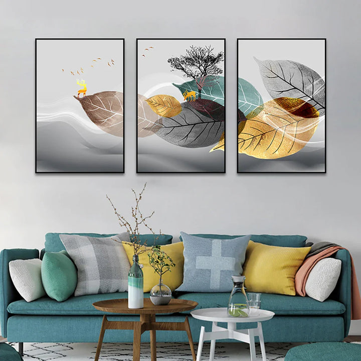 Set of 3PCS Golden Autumn Deer Wall Art Fine Art Canvas Prints Nordic Abstract Landscape Pictures For Living Room Decor | Bowlift
