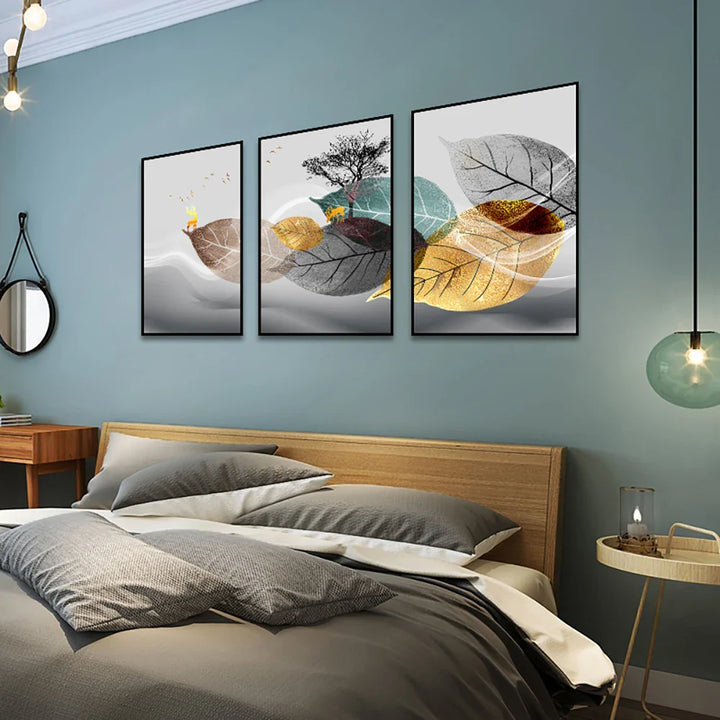 Set of 3PCS Golden Autumn Deer Wall Art Fine Art Canvas Prints Nordic Abstract Landscape Pictures For Living Room Decor | Bowlift