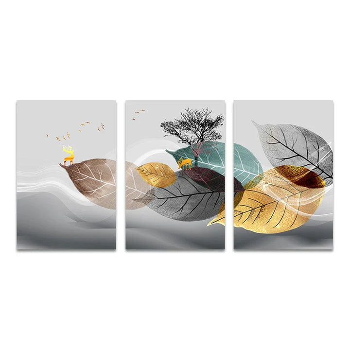 Set of 3PCS Golden Autumn Deer Wall Art Fine Art Canvas Prints Nordic Abstract Landscape Pictures For Living Room Decor | Bowlift