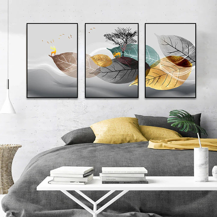 Set of 3PCS Golden Autumn Deer Wall Art Fine Art Canvas Prints Nordic Abstract Landscape Pictures For Living Room Decor | Bowlift