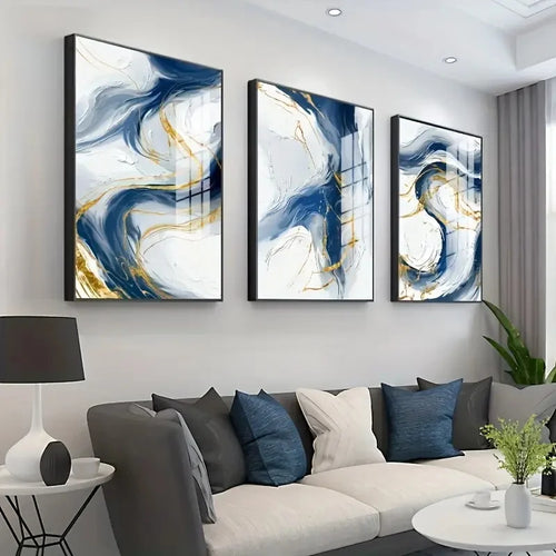 Set of 3Pcs Blue Golden Flowing Swirls Abstract Wall Art Fine Art Canvas Prints Light Minimalist Pictures For Modern Living Room (Unframed) | Bowlift