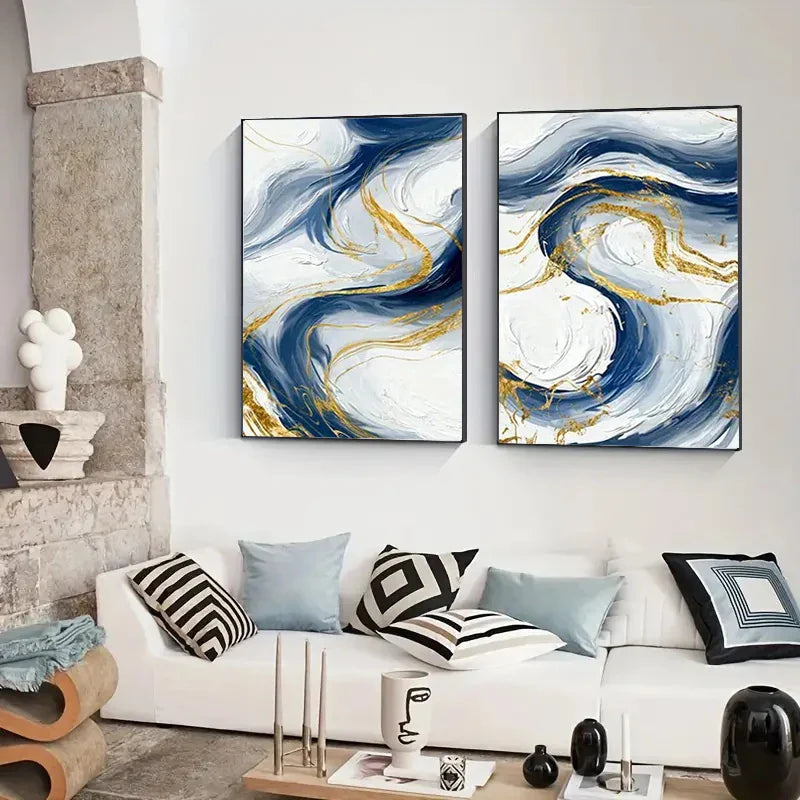 Set of 3Pcs Blue Golden Flowing Swirls Abstract Wall Art Fine Art Canvas Prints Light Minimalist Pictures For Modern Living Room (Unframed) | Bowlift