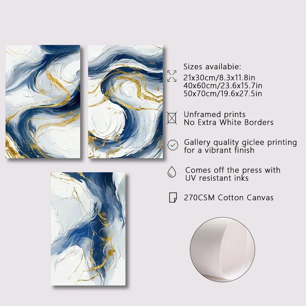 Set of 3Pcs Blue Golden Flowing Swirls Abstract Wall Art Fine Art Canvas Prints Light Minimalist Pictures For Modern Living Room (Unframed) | Bowlift