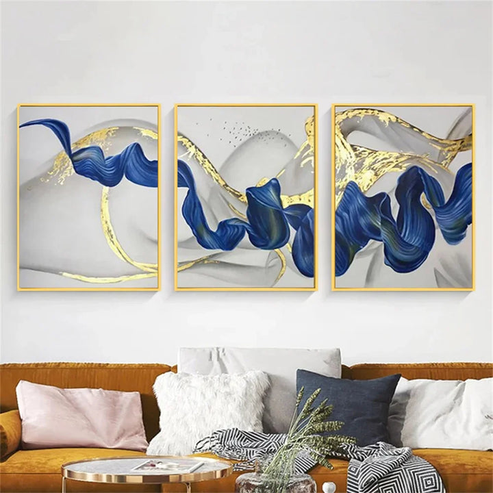Set of 3Pcs Blue Golden Wave Wall Art Fine Art Canvas Prints Pictures For Modern Living Room Dining Room Hotel Room Decor | Bowlift