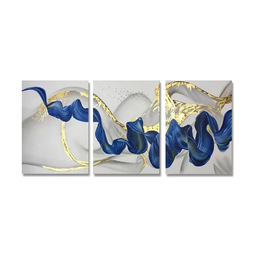 Set of 3Pcs Blue Golden Wave Wall Art Fine Art Canvas Prints Pictures For Modern Living Room Dining Room Hotel Room Decor | Bowlift