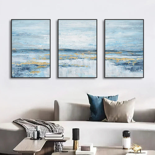 Set of 3Pcs Blue Ocean Scene Wall Art Fine Art Canvas Prints Abstract Seascape Pictures For Living Room Bedroom Hotel Room Art Decor | Bowlift