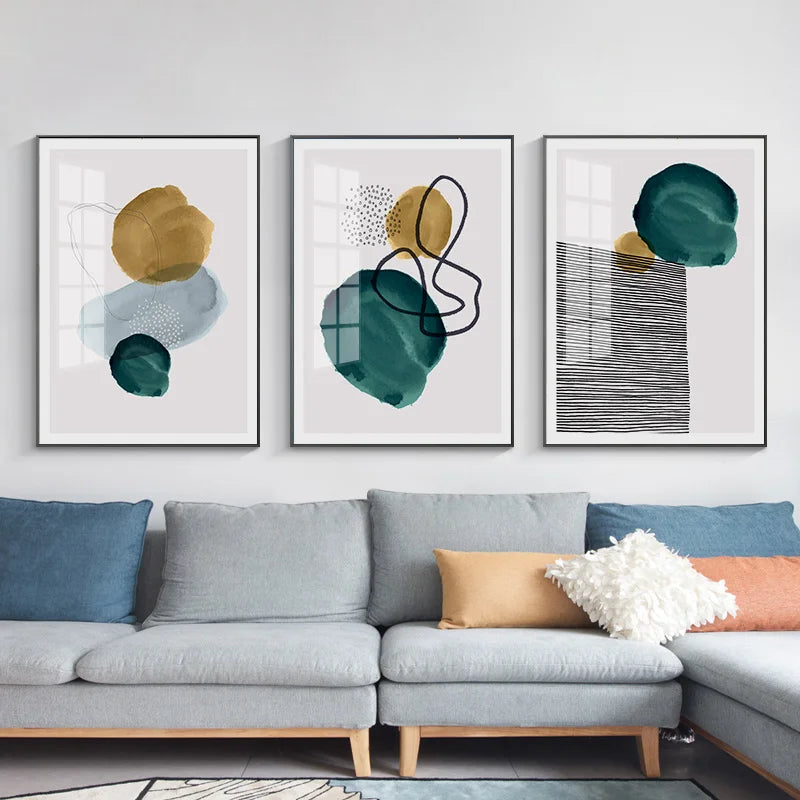 Green Yellow Black Abstract Shape & Line Minimalist Nordic Wall Art Fine Art Canvas Prints Pictures For Living Room Home Office Decor | Bowlift