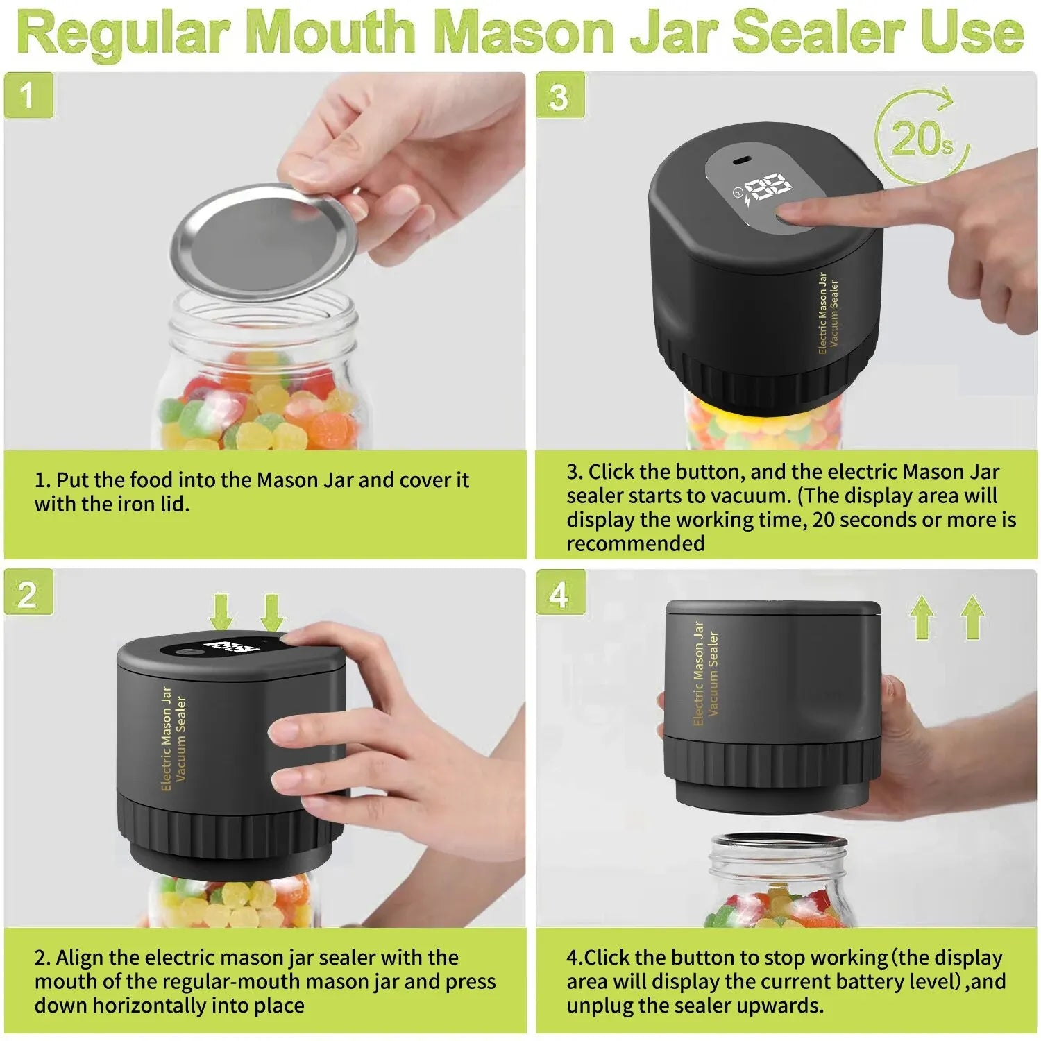 BowLift | Electric Mason Jar Vacuum Sealing Set - Cordless Sealer for Wide Mouth and Regular Mason Jars - Ideal for Food Storage