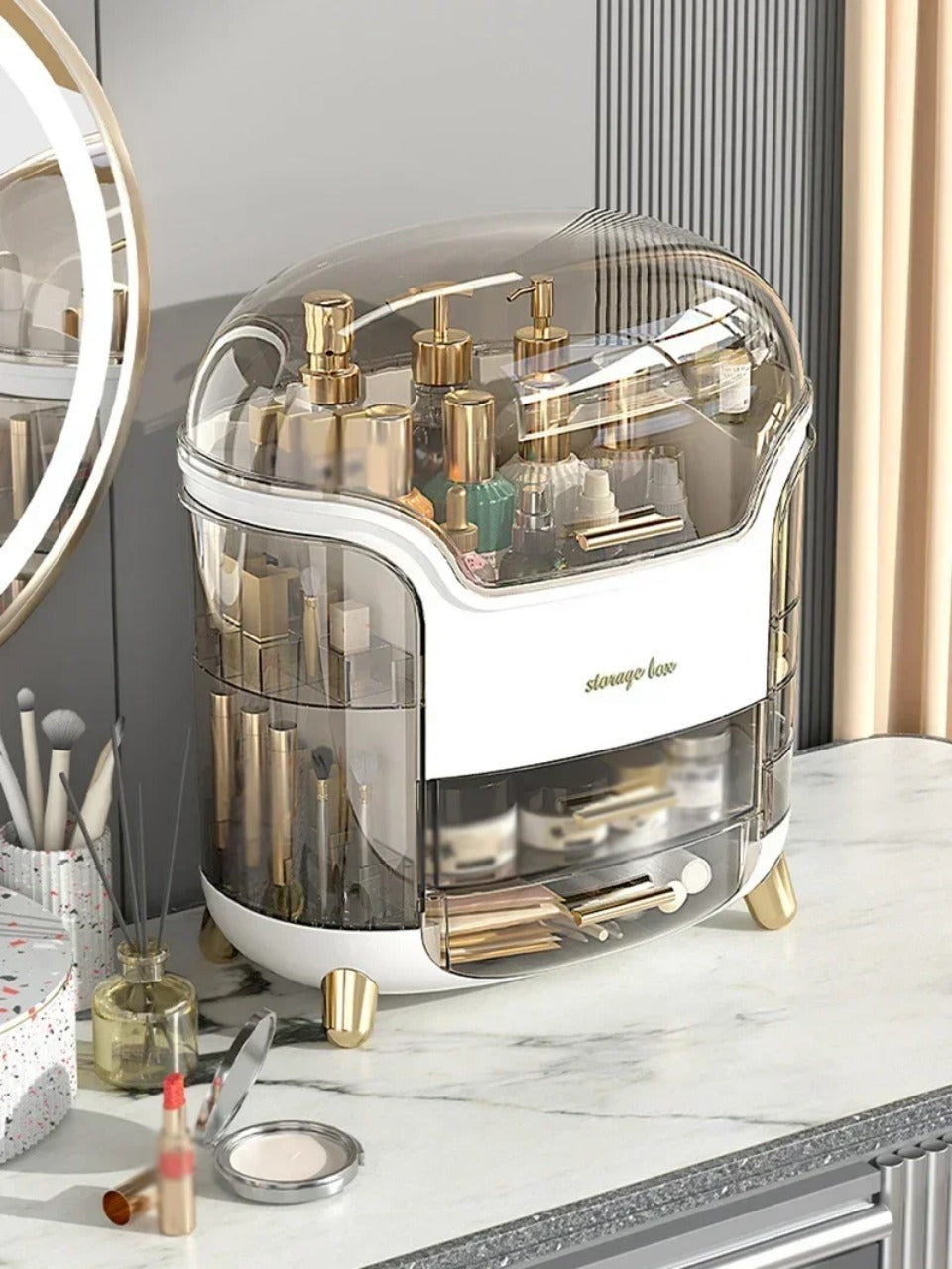 Luxury transparent makeup organizer with rotating doors and drawers | Bowlift