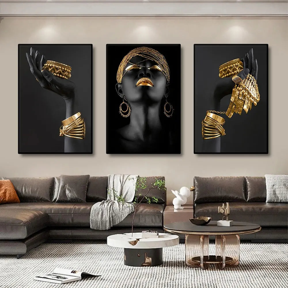 Set of 3Pcs Black Golden Woman Portrait Wall Art Fine Art Canvas Prints Pictures For Luxury Living Room Dining Room Home Office Decor | Bowlift