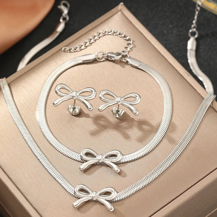 BowLift | Feminine Bow Herringbone Chain Necklace, Bracelet, and Earring Set