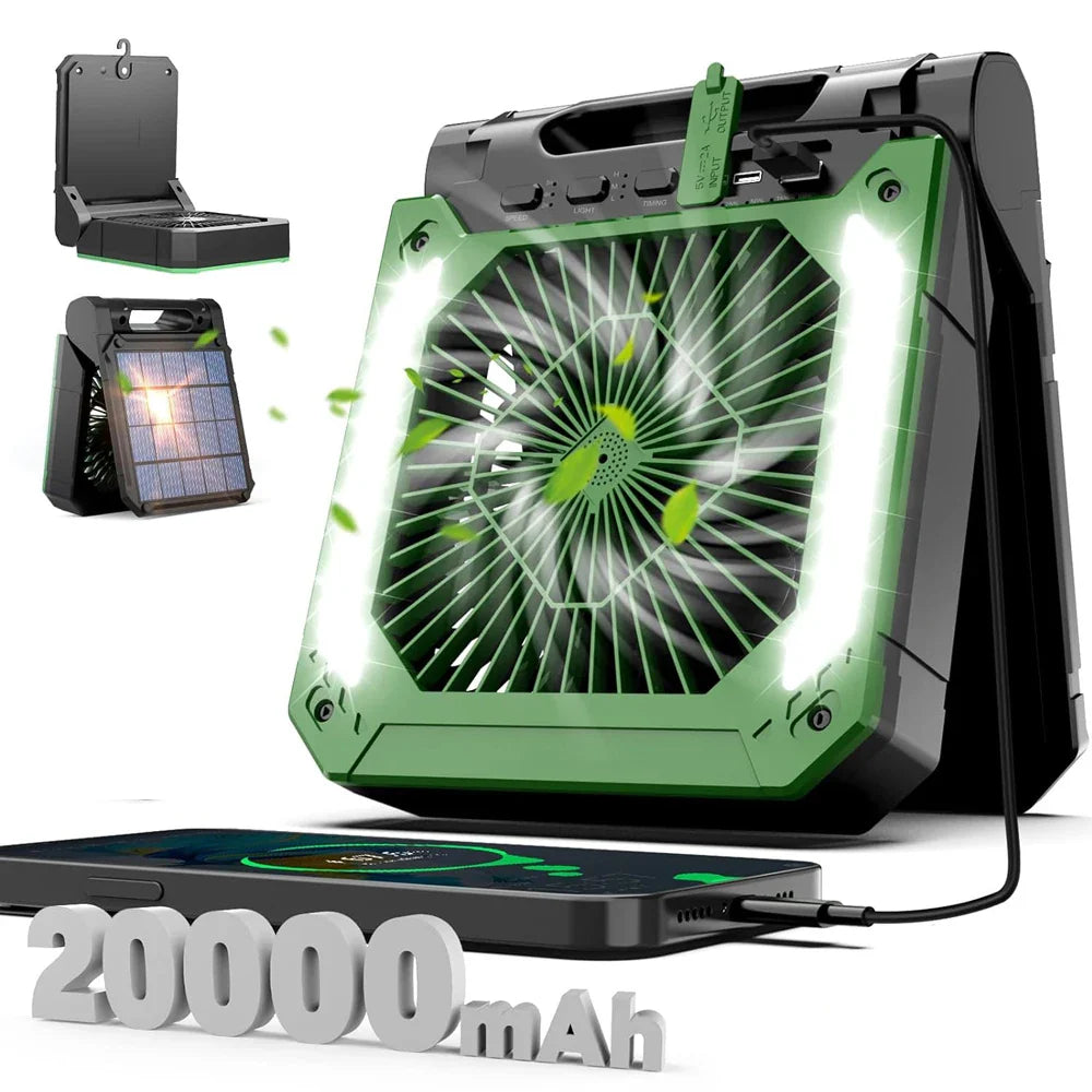 20000mAh Portable Electric Fan with LED Light — USB, Solar & Car Charging for Camping | Bowlift