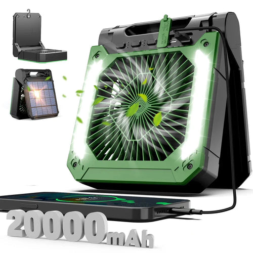 20000mAh Portable Electric Fan with LED Light — USB, Solar & Car Charging for Camping | Bowlift