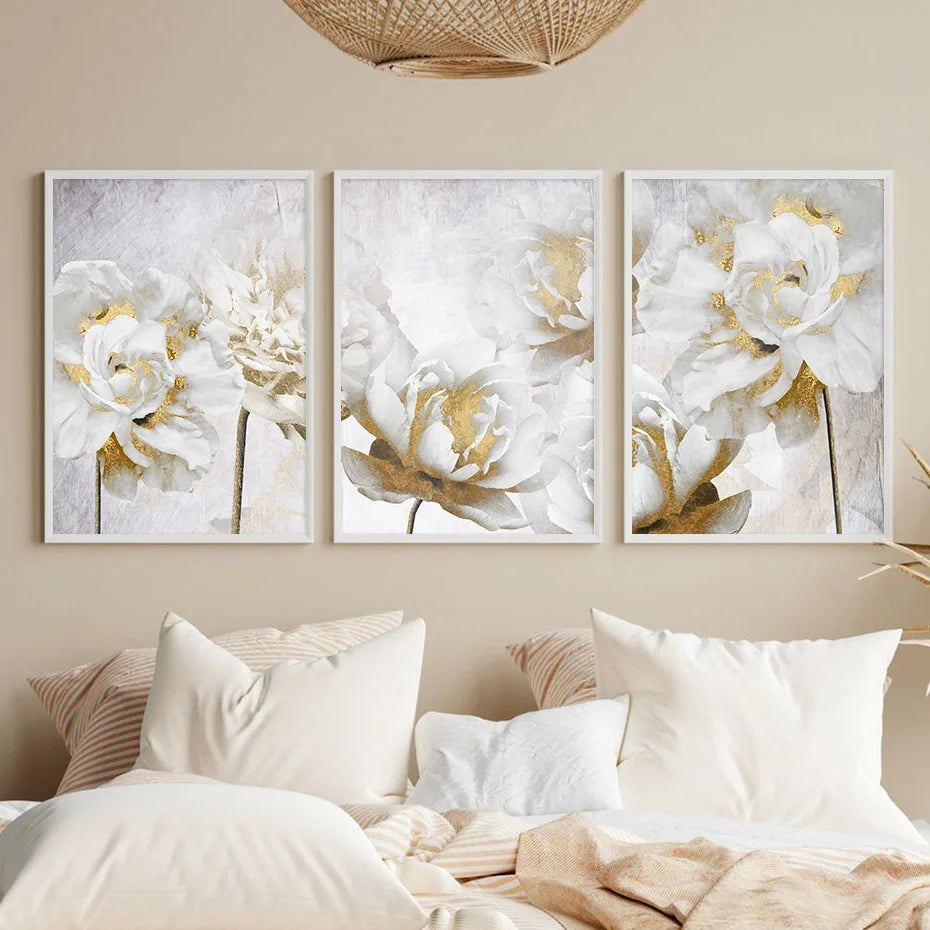 Opulent Blossoms Elegant White Flowers with Gold Accents Canvas Wall Art Fine Art Canvas Prints Posters Floral Pictures For Modern Living Room | Bowlift
