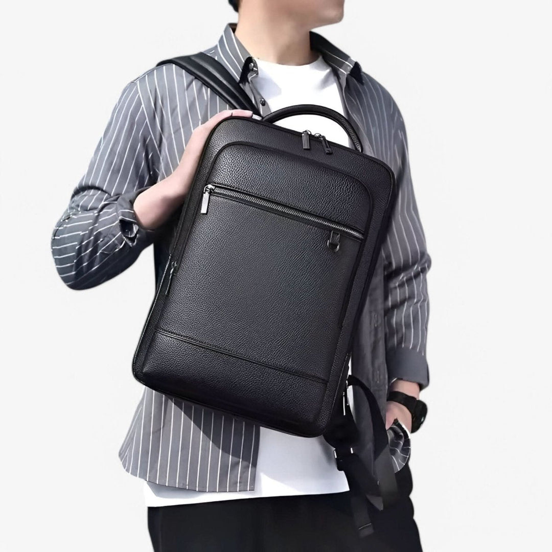 BowLift | Elegant leather rucksack for men/women with USB port for laptop and everyday use, 15.6 inch, black