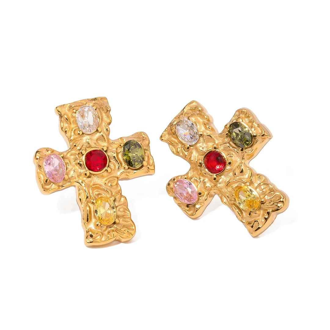 BowLift | 18k Textured Oval Diamond Cross Earrings