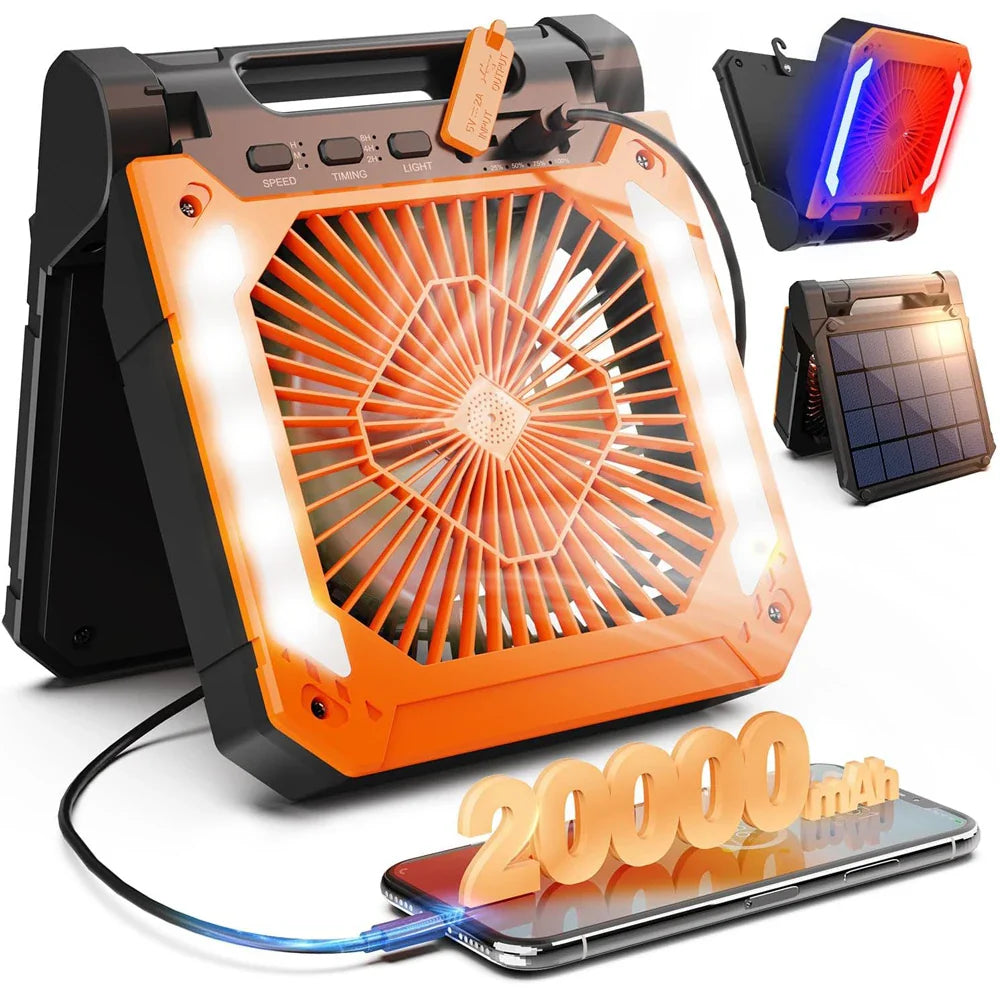20000mAh Portable Electric Fan with LED Light — USB, Solar & Car Charging for Camping | Bowlift